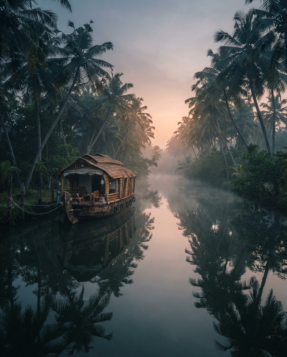 Traditional houseboat on the Kochi backwaters at dawn